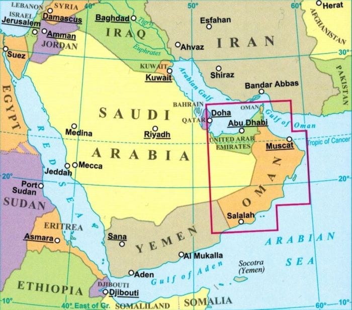 Oman 1:1 250 000. Zjednoczone Emiraty Arabskie. Mapa samochodowo-turystyczna wydawnictwa Gizi Map. Zasięg