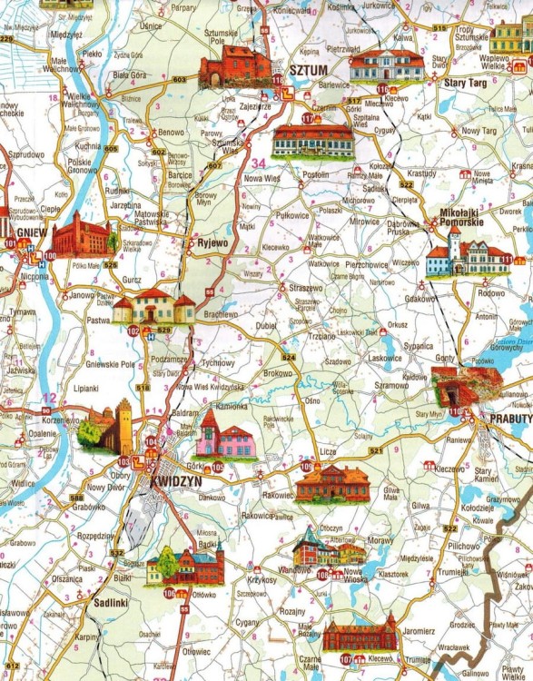 Województwo pomorskie. Zamki i pałace. Mapa samochodowo-turystyczna. Wersja angielska wydawnictwa Galileos. Fragment 2