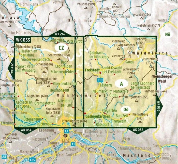 Północne okolice Linz / Muhlviertel, Freistadt, Bad Leonfelden i Zell. Mapa turystyczna WK 053 wydawnictwa Freytag & Berndt. Zasięg