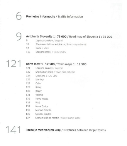 Słowenia 1:75 000. Atlas samochodowo-turystyczny wydawnictwa Kartografija. Spis treści