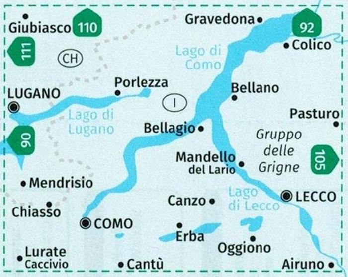 Lago di Como, Lago di Lugano. Mapa turystyczna 91 wydawnictwa Kompass. Zasięg