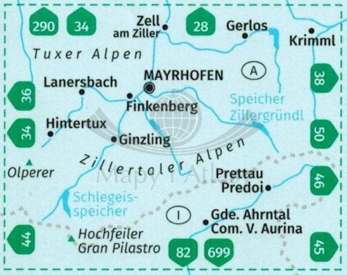 Zillertaler Alpen, Tuxer Alpen / Alpy Zillertalskie. Wodoodporna mapa turystyczna 37 wydawnictwa Kompass. Zasięg