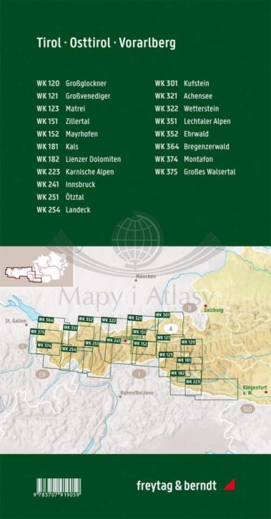 Austria: Tyrol - Tyrol Wschodni - Vorarlberg 1:50 000. Zestaw: 19 x mapa turystyczna. Nr 5. Freytag & Berndt. Zasięg i zawartość zestawu