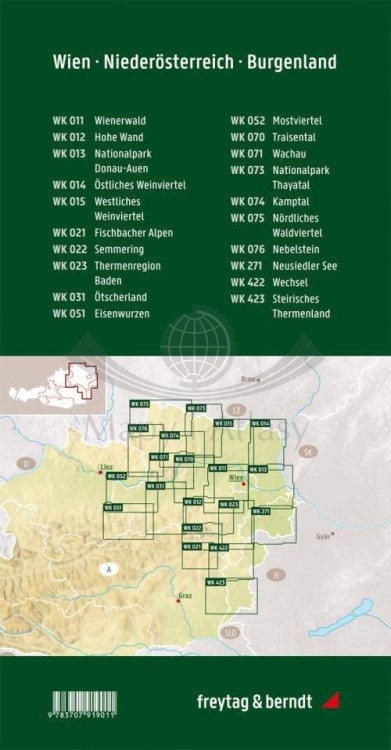 Austria: Wiedeń - Dolna Austria - Burgenland 1:50 000. Zestaw: 20 x mapa turystyczna. Nr 1. Freytag & Berndt. Zasięg i zawartość zestawu