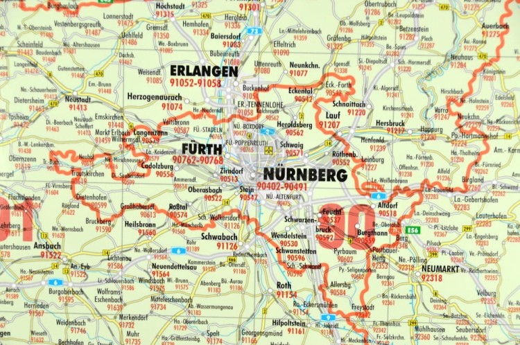 Niemcy 1:500 000. Mapa ścienna. Kody pocztowe. Postleit-Karte. Fragment 2