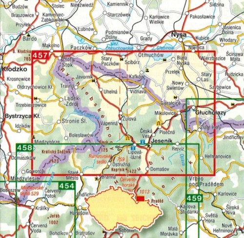 Jesioniki, Góry Złote / Jeseniky, Rychlebske Hory. Mapa turystyczna 457 wydawnictwa Shocart. Zasięg