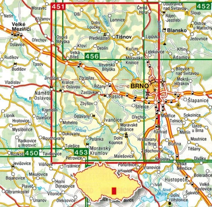 Brno. Okolice Brna, zachód. Mapa turystyczna 451 wydawnictwa Shocart. Zasięg