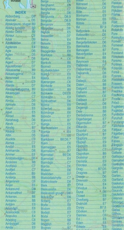 Norwegia Północna i Środkowa 1:800 000. Mapa samochodowo-turystyczna wydawnictwa ITMB. Indeks miejscowości - fragment