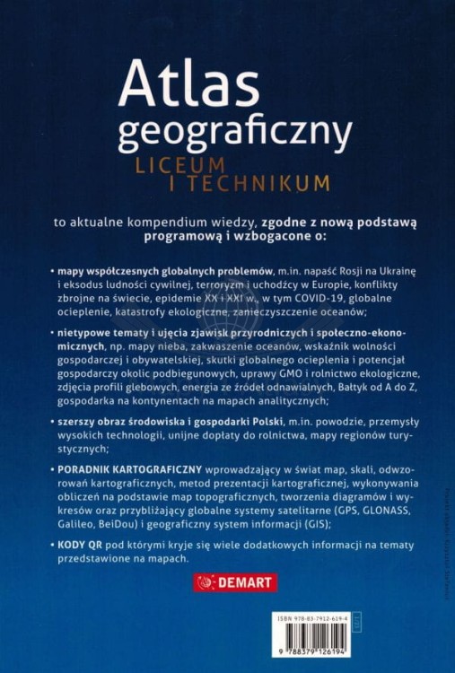 Atlas geograficzny. Zakres podstawowy i rozszerzony. Liceum i technikum. Wydawnictwo: Demart. Okładka tył