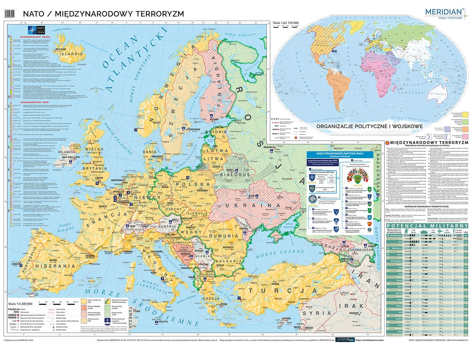 Europa, Świat. NATO / Międzynarodowy terroryzm. Mapa ścienna 200 x 150 cm. Drewniane półwałki