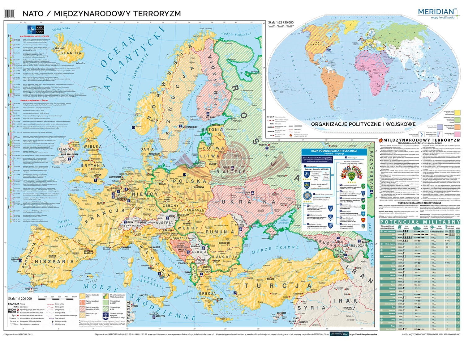 Europa, Świat. NATO / Międzynarodowy terroryzm. Mapa ścienna 160 x 120 cm. Drewniane półwałki