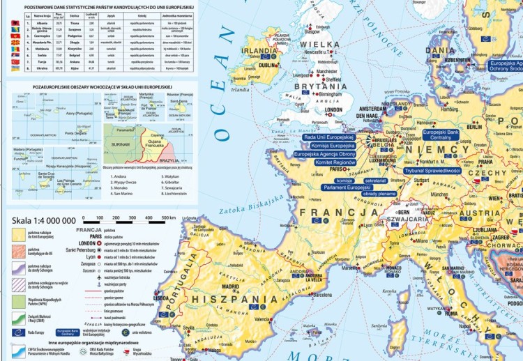 Unia Europejska 1:4 000 000 - strefa Schengen. Mapa ścienna wydawnictwa Meridian. Fragment 2