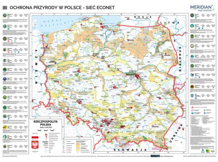 Polska ekologiczna 1:600 000. Mapa ścienna. Ochrona przyrody i sieć ECONET. Wydawnictwo: Meridian