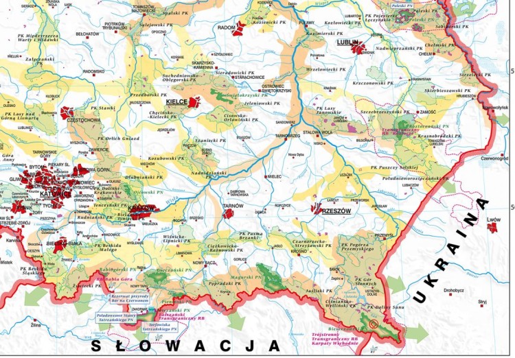 Polska ekologiczna 1:600 000. Mapa ścienna. Ochrona przyrody i sieć ECONET. Wydawnictwo: Meridian. Fragment 3