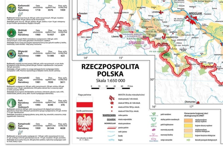 Polska ekologiczna 1:500 000. Mapa ścienna. Ochrona przyrody i sieć ECONET. Wydawnictwo: Meridian. Fragment 3
