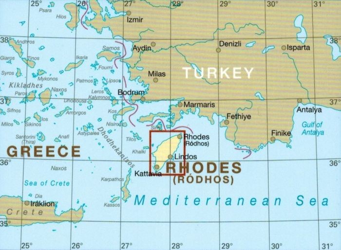 Rodos 1:80 000. Wodoodporna mapa samochodowo-turystyczna wydawnictwa Reise Know-How. Zasięg