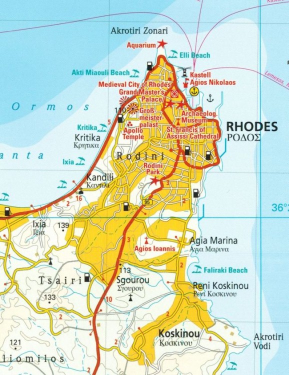 Rodos 1:80 000. Wodoodporna mapa samochodowo-turystyczna wydawnictwa Reise Know-How. Fragment 1