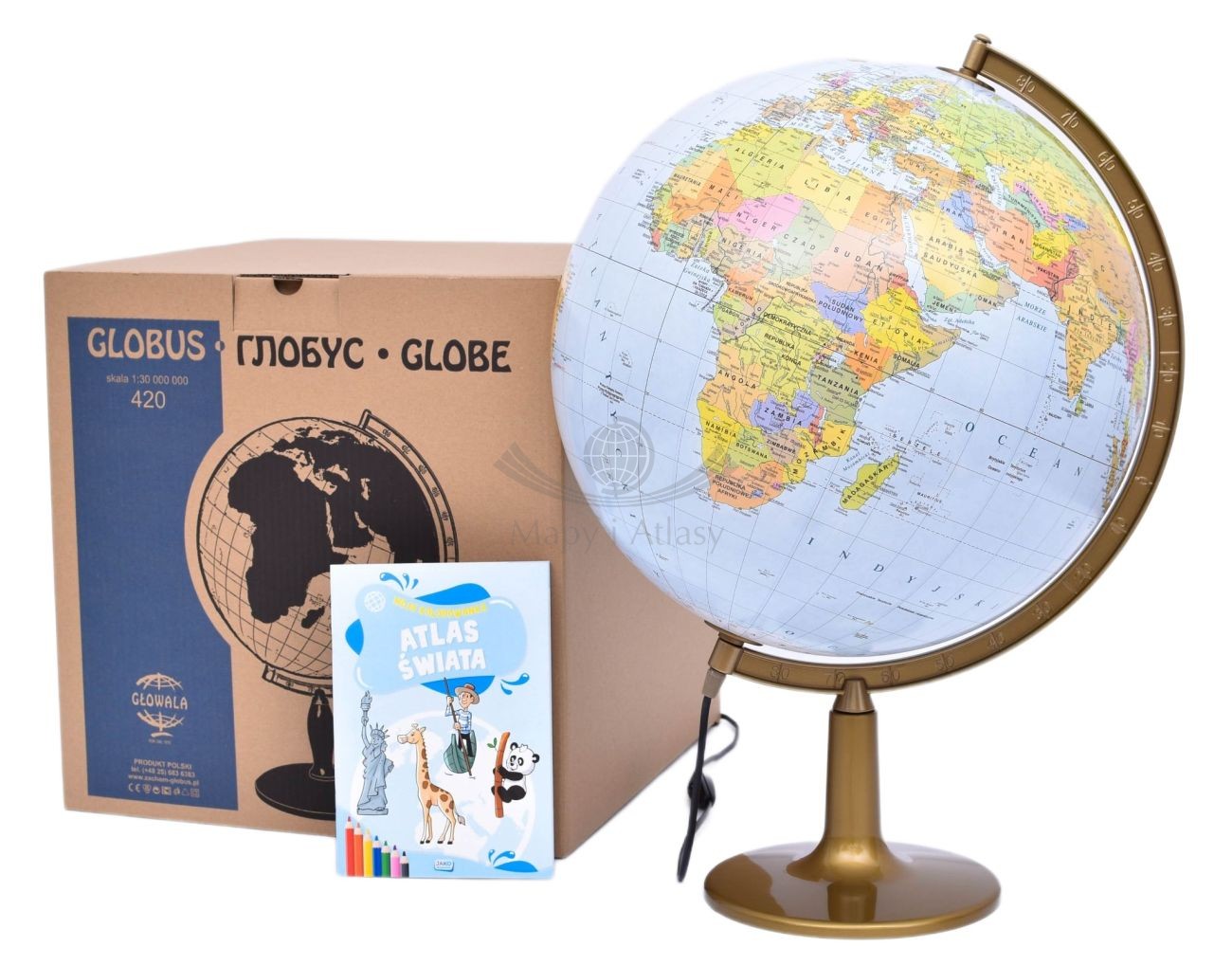 Globus polityczno-fizyczny 42 cm + aplikacja. Podświetlany. Plastikowa podstawa