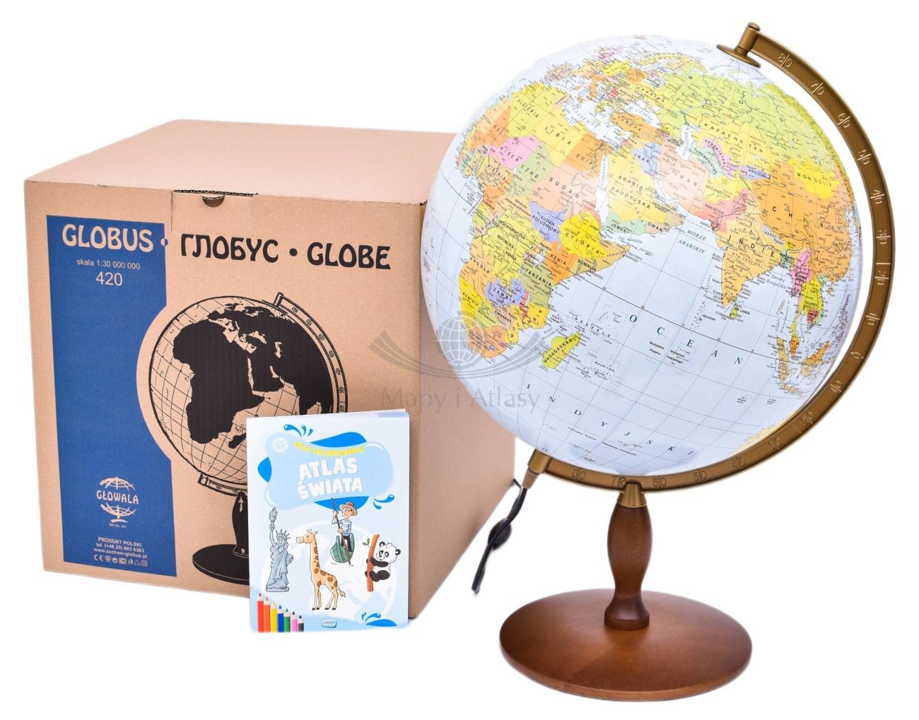 Globus polityczno-fizyczny 42 cm + aplikacja. Podświetlany. Drewniana podstawa