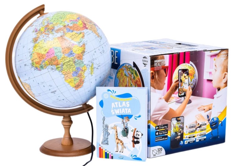 Globus polityczno-fizyczny 32 cm. Podświetlany. Drewniana podstawa. Globus i karton