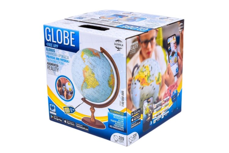 Globus polityczno-fizyczny 32 cm. Podświetlany. Drewniana podstawa. Karton