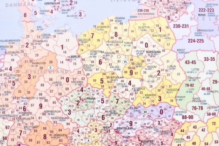 Europa - kody pocztowe. Mapa kodowa. Podkładka na biurko. Fragment 1