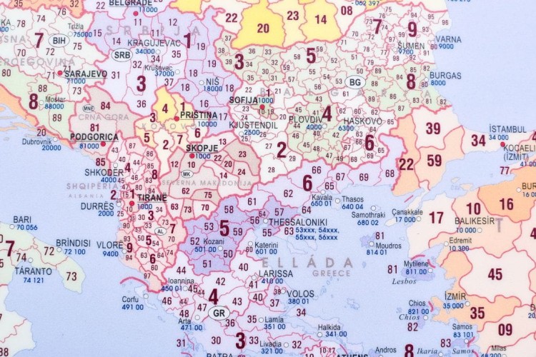 Europa - kody pocztowe. Mapa kodowa. Podkładka na biurko. Fragment 3