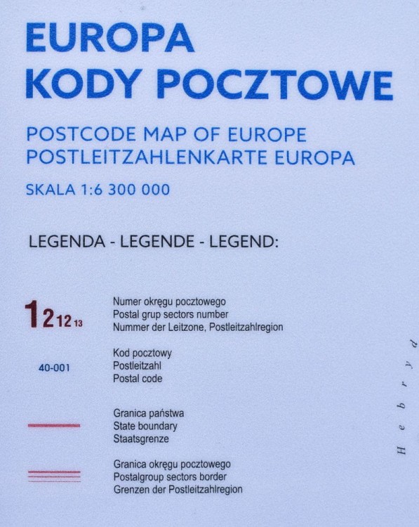 Europa - kody pocztowe. Mapa kodowa. Podkładka na biurko. Legenda