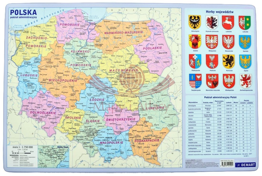Polska. Podział administracyjny, podkładka na biurko. Demart