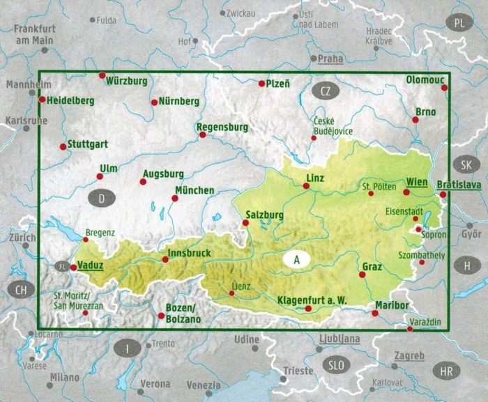 Austria. Mapa panoramiczna wydawnictwa Freytag & Berndt. Zasięg