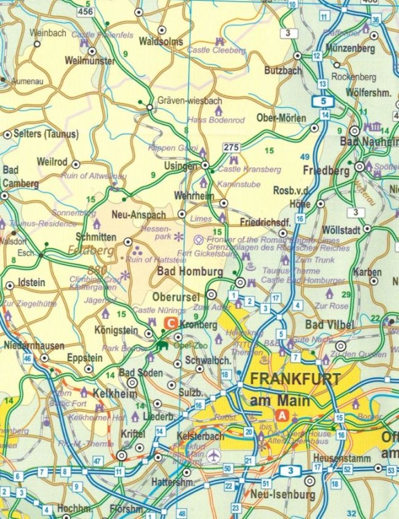 Frankfurt i środkowe Niemcy. Wodoodporna mapa samochodowo-turystyczna wydawnictwa ITMB. Fragment 1