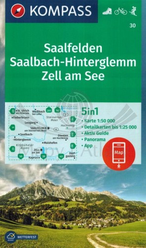 Saalfelden, Saalbach-Hinterglemm, Zell am See. Wodoodporna mapa turystyczna 30 wydawnictwa Kompass. Okładka