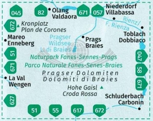 Pragser Dolomiten / Dolomiti di Braies. Mapa turystyczna 145 wydawnictwa Kompass. Zasięg