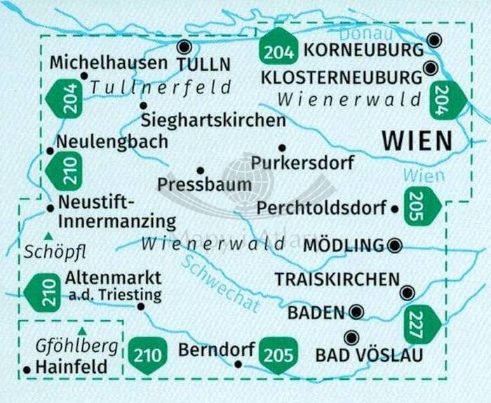 Wienerwald. Zestaw dwóch map turystycznych 208 wydawnictwa Kompass. Zasięg zestawu