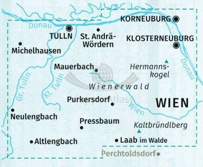 Wienerwald. Zestaw dwóch map turystycznych 208 wydawnictwa Kompass. Mapa 1 - zasięg