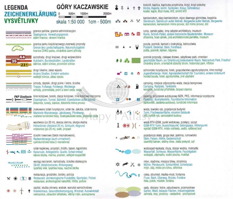 Góry i Pogórze Kaczawskie. Mapa turystyczna wydawnictwa Galileos. Legenda