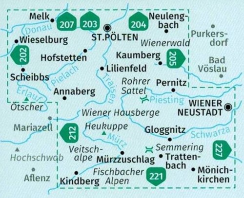 Wiener Hausberge, Pielachtal, Traisental, Sankt Pölten. Zestaw dwóch map turystycznych 210 wydawnictwa Kompass. Zasięg zestawu