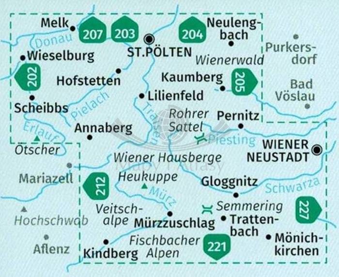 Wiener Hausberge, Pielachtal, Traisental, Sankt Pölten. Zestaw dwóch map turystycznych 210 wydawnictwa Kompass. Zasięg zestawu