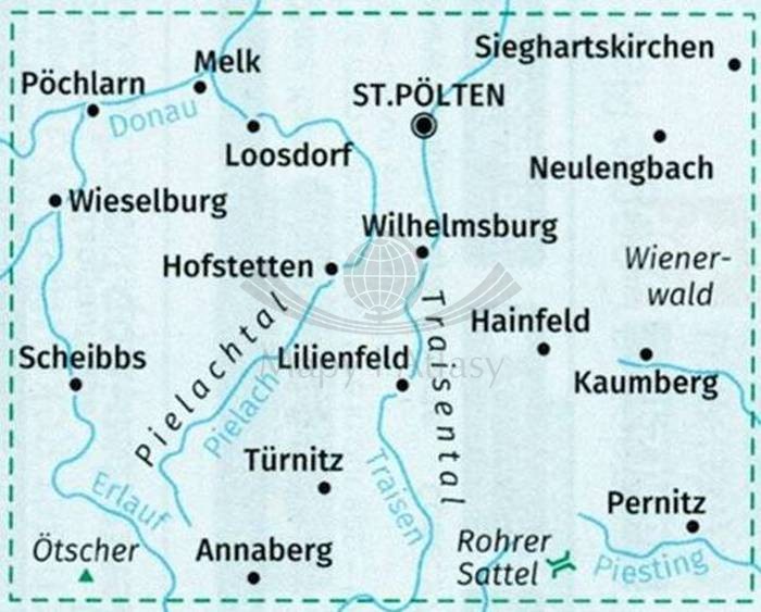 Wiener Hausberge, Pielachtal, Traisental, Sankt Pölten. Zestaw dwóch map turystycznych 210 wydawnictwa Kompass. Mapa 1 - zasięg