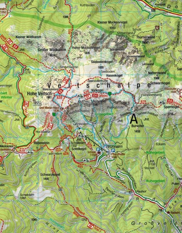 Wiener Hausberge, Pielachtal, Traisental, Sankt Pölten. Zestaw dwóch map turystycznych 210 wydawnictwa Kompass. Mapa 2 - fragment 1