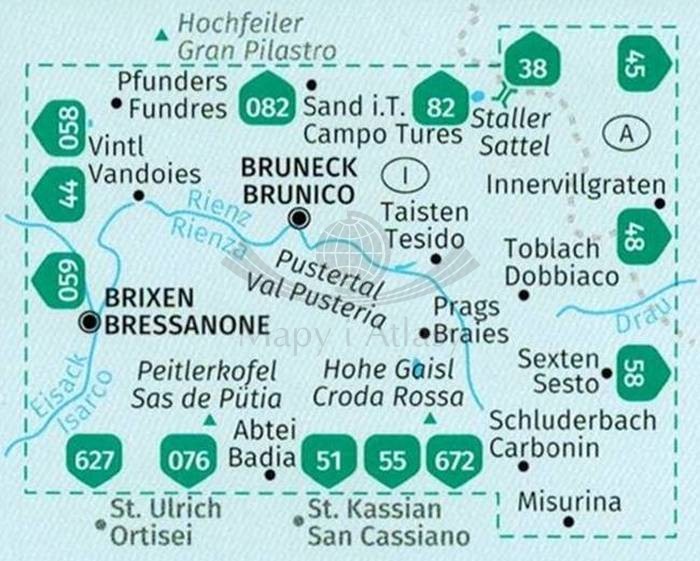 Pustertal / Val Pusteria. Zestaw trzech map turystycznych 671 wydawnictwa Kompass. Zasięg zestawu