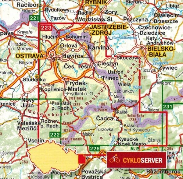 Beskidy, Ostravsko, Beskid Śląsko-Morawski. Mapa turystyczna 223 wydawnictwa Shocart. Zasięg