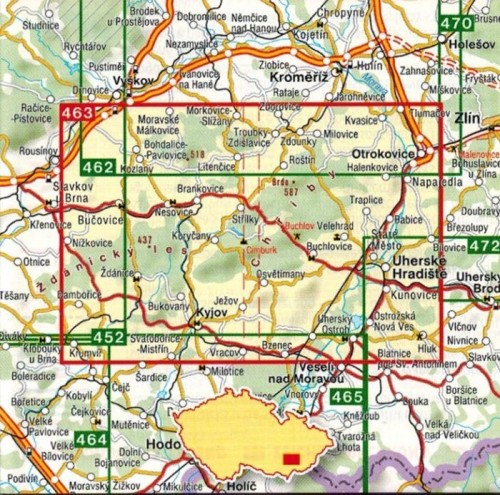 Slovacko, Chriby. Mapa turystyczna 463 wydawnictwa Shocart. Zasięg