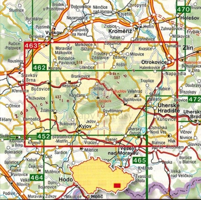 Slovacko, Chriby. Mapa turystyczna 463 wydawnictwa Shocart. Zasięg
