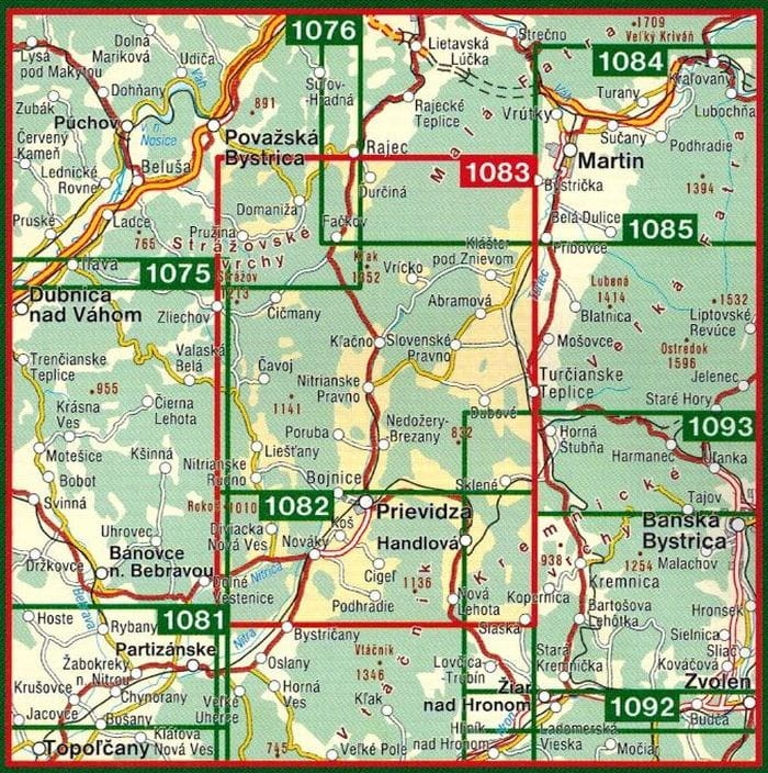 Prievidza, Ziar. Mapa turystyczna 1083 wydawnictwa Shocart. Zasięg
