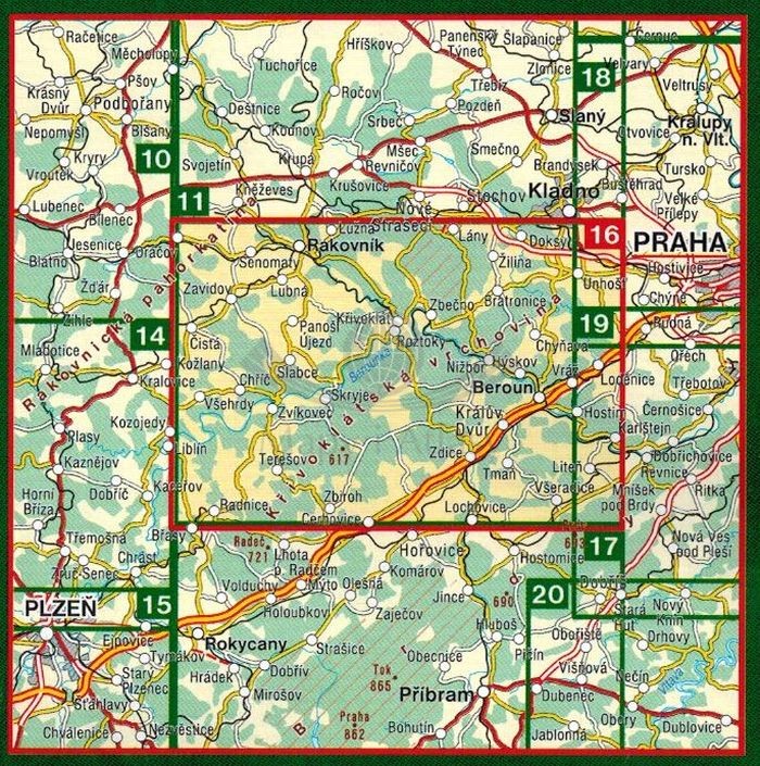 Krivoklatsko, Rakovnicko, Karlstejn. Mapa turystyczna 16 wydawnictwa Shocart. Zasięg