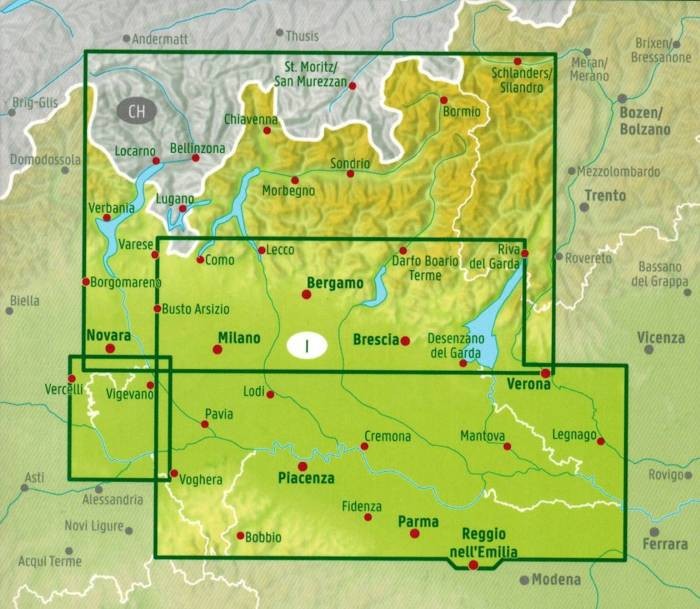 Lombardia, Mediolan, Brescia, Jezioro Garda. Mapa samochodowo-turystyczna wydawnictwa Freytag & Berndt. Zasięg
