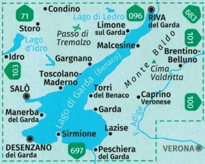 Jezioro Garda / Gardasee. Wodoodporna mapa samochodowo-turystyczna 102 wydawnictwa Kompass. Zasięg