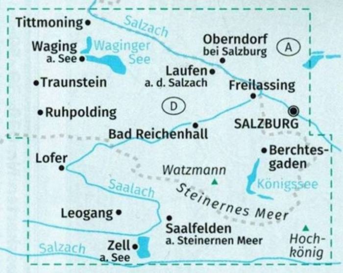 Salzburg i okolice. Zestaw dwóch map turystycznych 291 wydawnictwa Kompass. Mapa 1 - zasięg