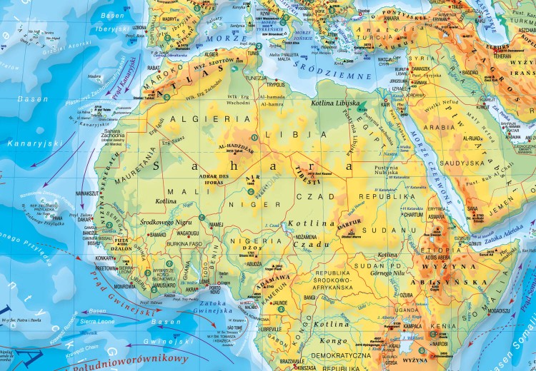 Świat 1:30 000 0000. Mapa ścienna fizyczna z elementami ekologii. Drewniane półwałki.